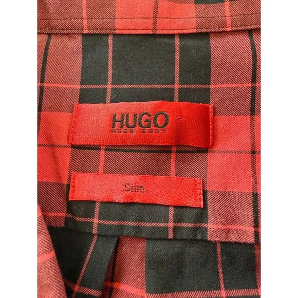 HUGO BOSS Red Black Plaid Button Front Shirt Men’s L Slim Fit Dark Academia - Picture 3 of 10
